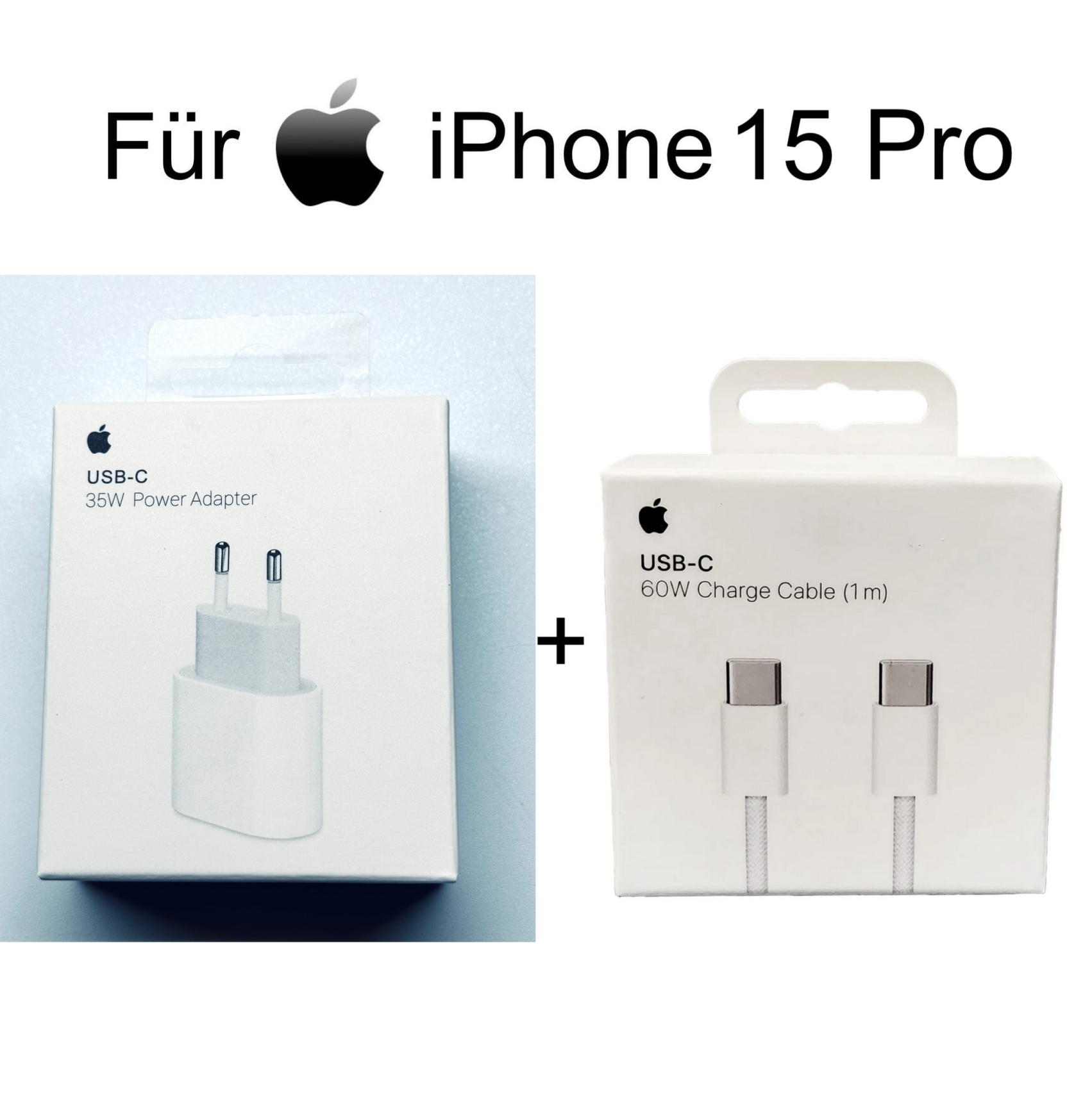 Apple iPhone 15 Pro 35W Ladegerät MHJJ83ZM/A + 1m USB C auf USB C MQKJ3ZM/A Ladekabel